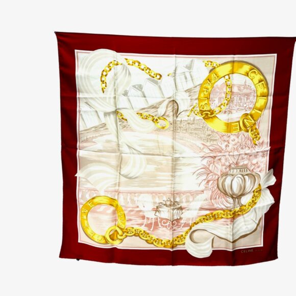 Vintage Celine Paris 100% Silk Scarf Satin 34" Beige Gold Chain Red trim (35) - Picture 3 of 15